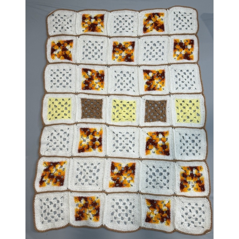 Baby-Aphgan-Blanket-Crochet-Handmade Unisex 40in X 29.5in White Brown Orange - Picture 2 of 4